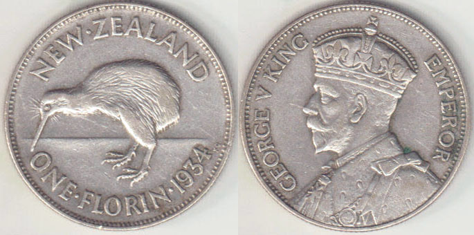 1934 New Zealand silver Florin (VF) A005686